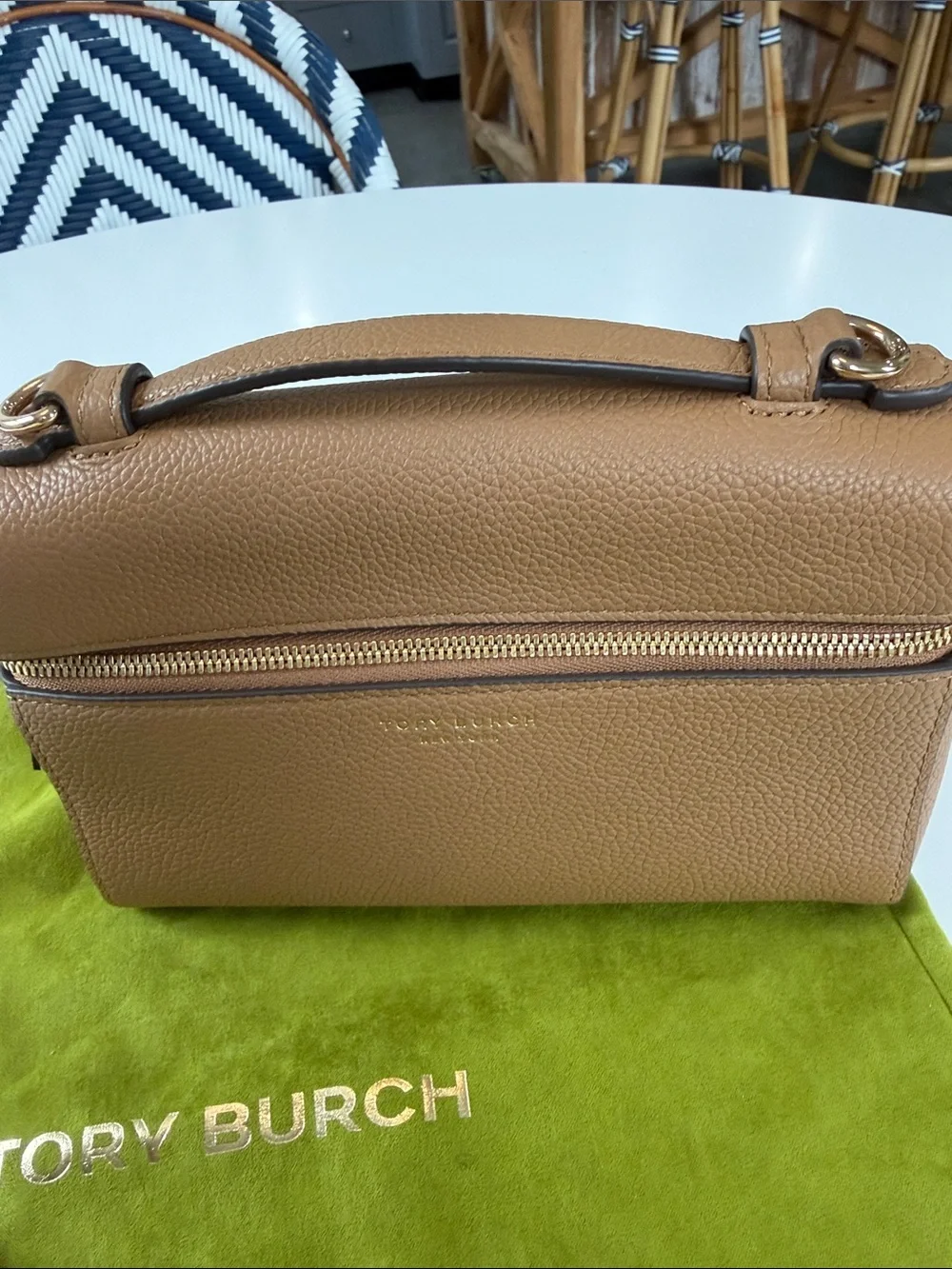 Tory Burch ROMY Camel/Tan Pebbled Leather Crossbody with Gold Hardware